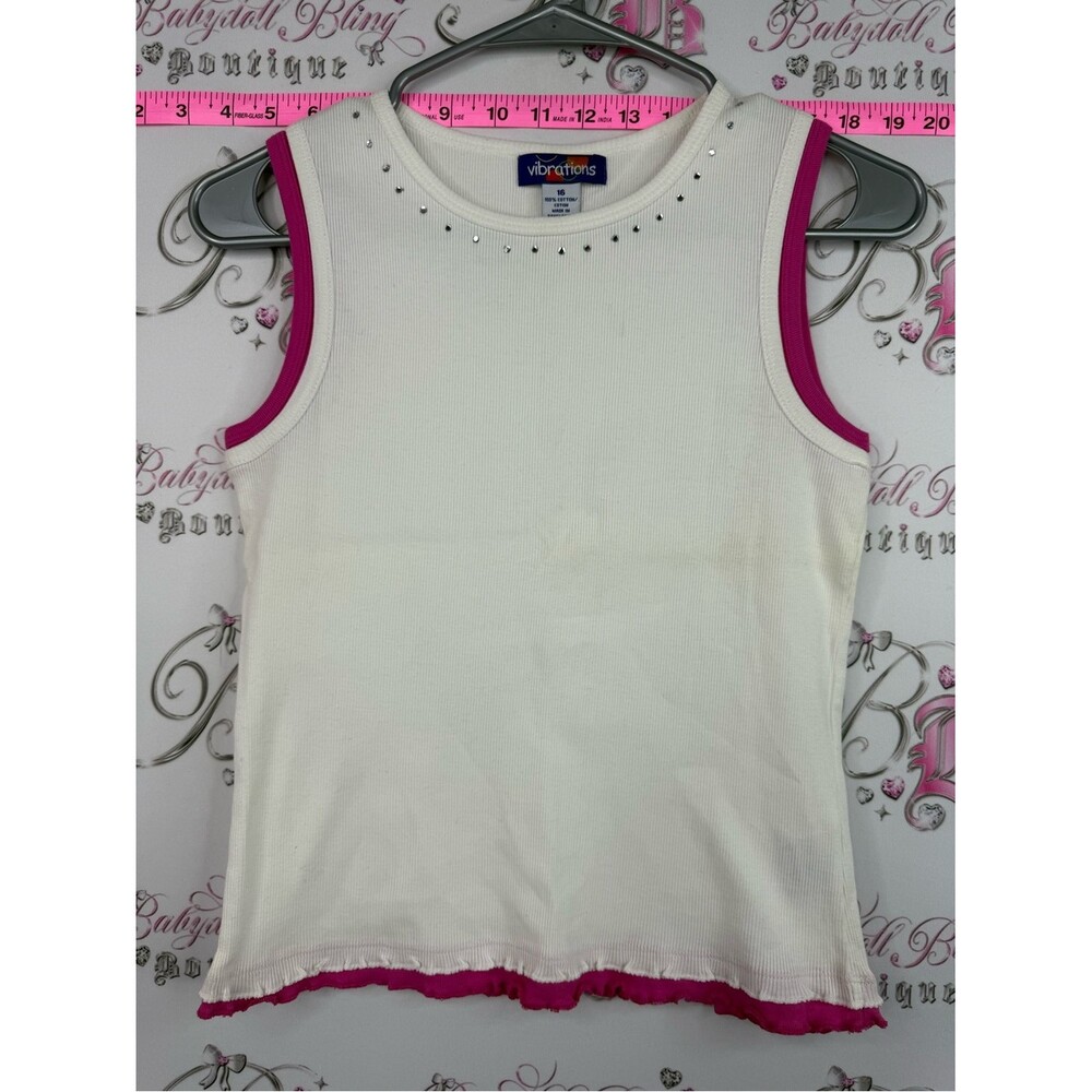 Vibrations tank top y2k white Tank Top with Pink Trim and Rhinestones